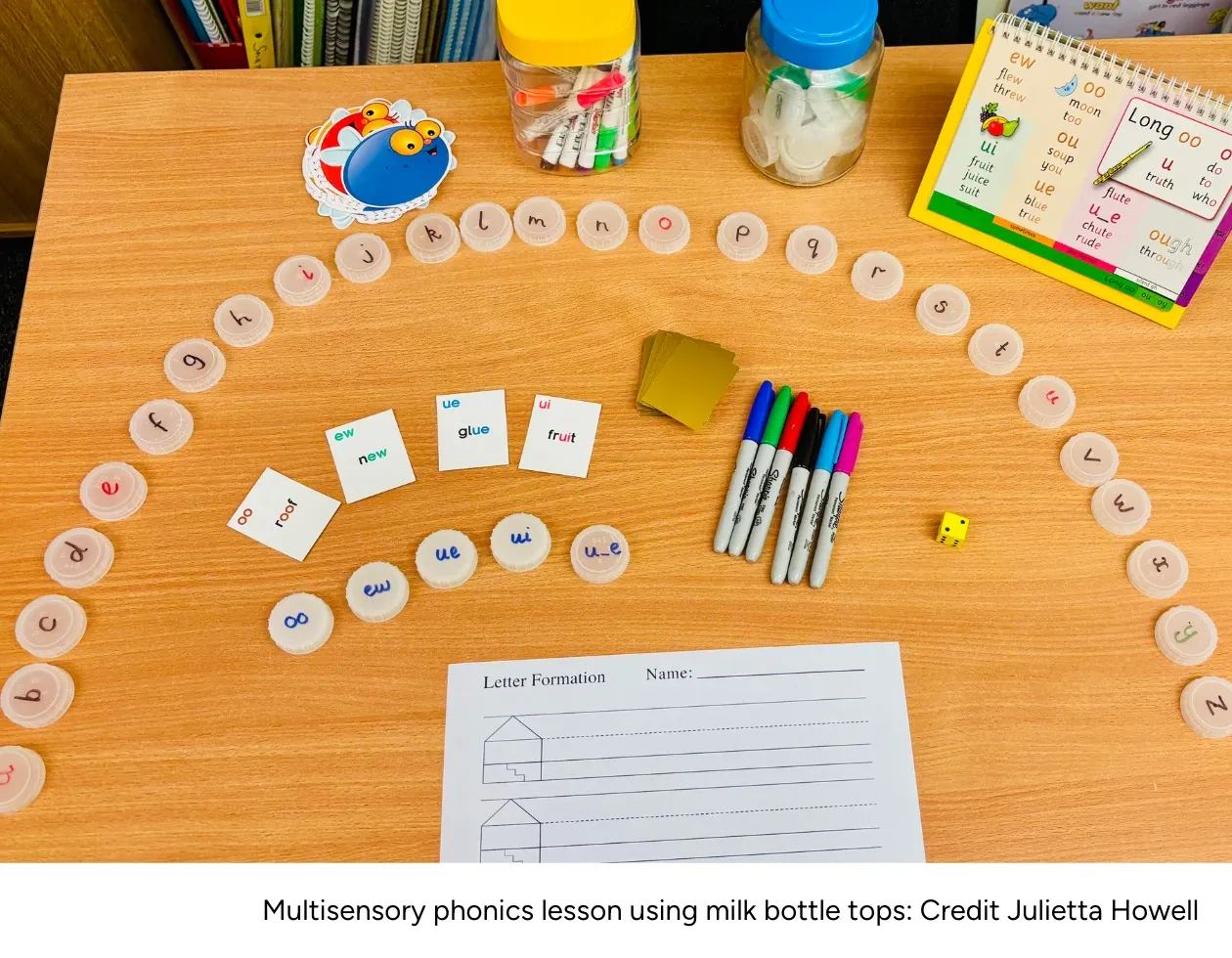 An example of multisensory phonics teaching using milk bottle tops 